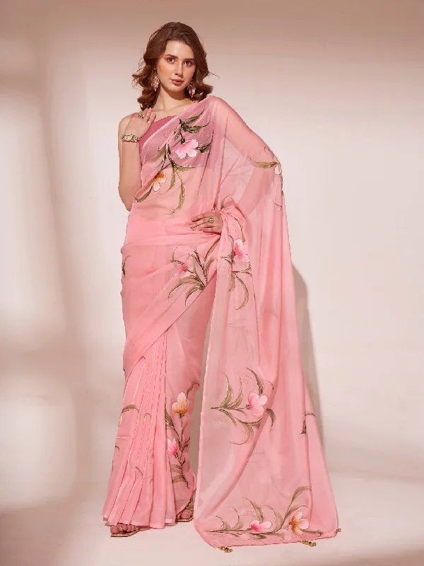 NOZ2TOZ Women Party Wear Organza Saree with Unstitched Blouse - Peach Pleated Collar Blouse NOZ2TOZ Women Party Wear Organza Saree with Unstitched Blouse - Peach Pleated Collar Blouse