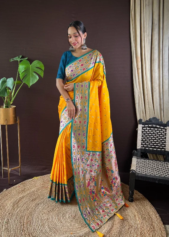 NOZ2TOZ Women Party Wear Zari Weaving Paithani Silk Saree with Unstitched Blouse - Yellow Airy Cotton Blouse NOZ2TOZ Women Party Wear Zari Weaving Paithani Silk Saree with Unstitched Blouse - Yellow Airy Cotton Blouse