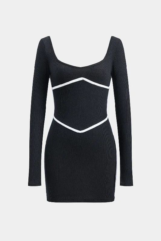Contrast Long Sleeve Mini Dress Chic Mini Dress with V-Neck