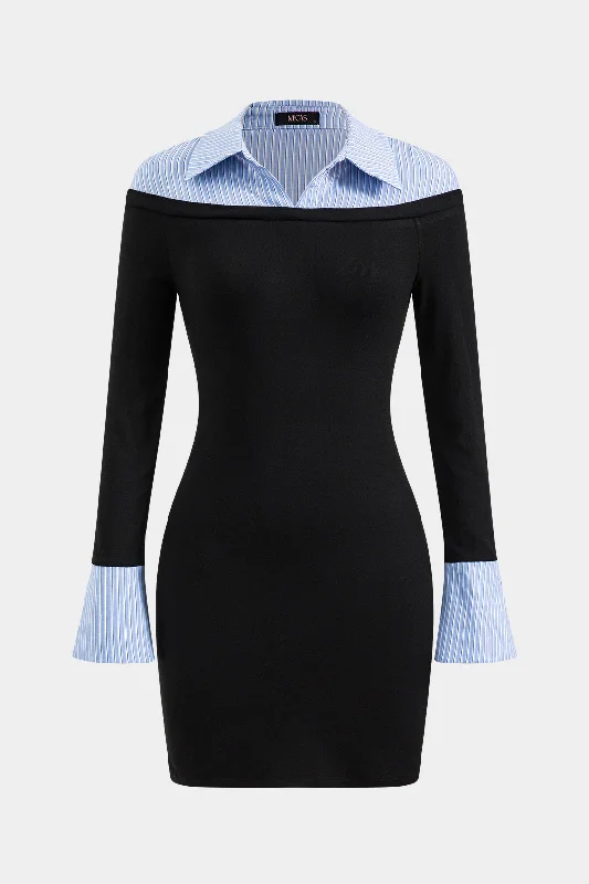 Stripes Print Patchwork Long Sleeve Mini Dress Classic Solid Mini Dress
