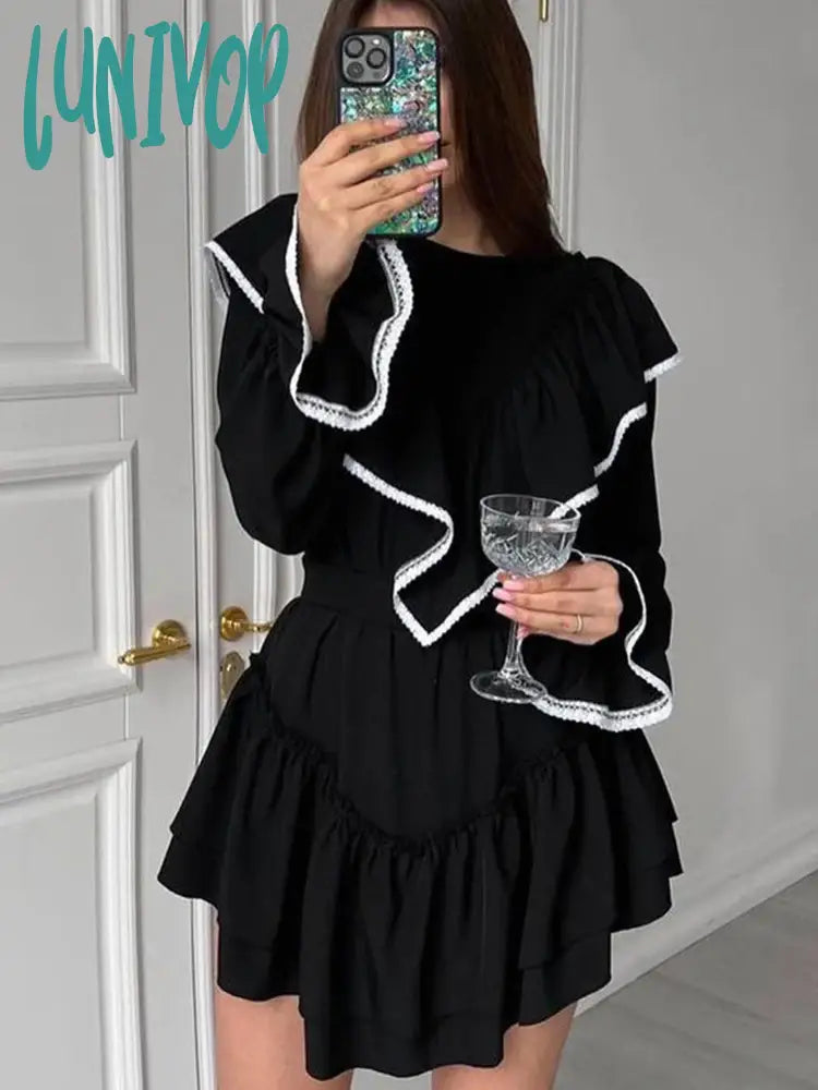 Lunivop Autumn Women Elegant Sweet Mini Dress Solid Black Long Sleeve Ruffle Flare Dress Female Stylish Puff Sleeve Mini Dress Lunivop Autumn Women Elegant Sweet Mini Dress Solid Black Long Sleeve Ruffle Flare Dress Female Stylish Puff Sleeve Mini Dress