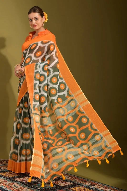 NOZ2TOZ Women Party Wear Printed Linen Saree with Unstitched Blouse - Multicolour Chic Off-Shoulder Blouse NOZ2TOZ Women Party Wear Printed Linen Saree with Unstitched Blouse - Multicolour Chic Off-Shoulder Blouse