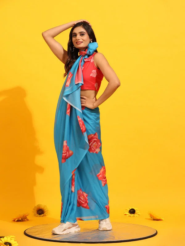 Blue Silk Blend Printed Floral Saree with Unstitched Blouse - Hiral Fashion Gathered Detail Blouse