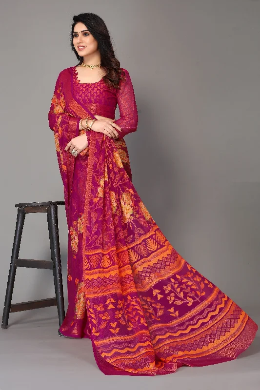 NOZ2TOZ Women Party Wear Printed Brasso Chiffon Saree with Unstitched Blouse - Rani Drape Neck Blouse NOZ2TOZ Women Party Wear Printed Brasso Chiffon Saree with Unstitched Blouse - Rani Drape Neck Blouse