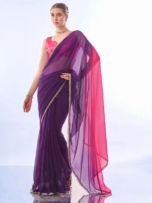 NOZ2TOZ Women Party Wear Printed Georgette Saree with Unstitched Blouse - Purple & Pink Stylish Wrap Blouse NOZ2TOZ Women Party Wear Printed Georgette Saree with Unstitched Blouse - Purple & Pink Stylish Wrap Blouse