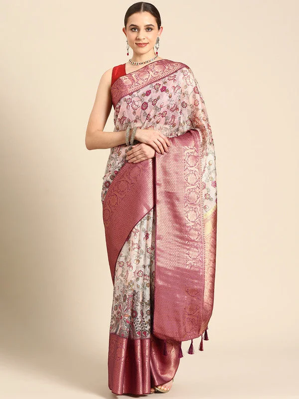 Beige Munga Silk Digital Print Floral Saree with Unstitched Blouse - Hiral Fashion Lightweight Chiffon Blouse