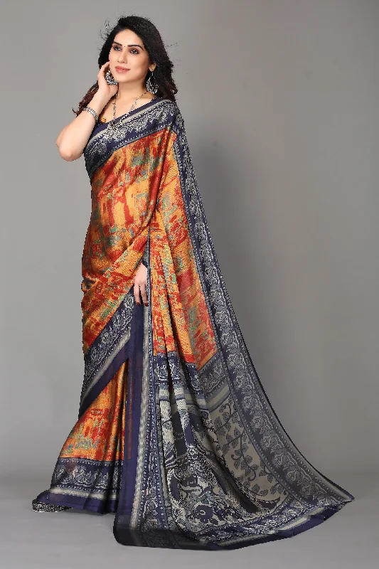NOZ2TOZ Women Party Wear Printed Chiffon Silk Saree with Unstitched Blouse - Navy Blue & Red Lightweight Linen Blouse NOZ2TOZ Women Party Wear Printed Chiffon Silk Saree with Unstitched Blouse - Navy Blue & Red Lightweight Linen Blouse