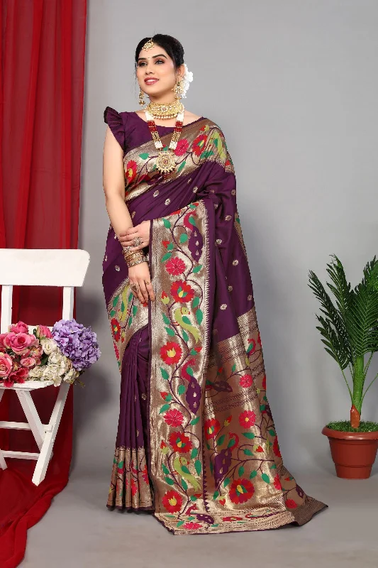 NOZ2TOZ Women Wedding Wear Zari Weaving Paithani Silk Saree with Unstitched Blouse - Wine Boho Printed Blouse NOZ2TOZ Women Wedding Wear Zari Weaving Paithani Silk Saree with Unstitched Blouse - Wine Boho Printed Blouse