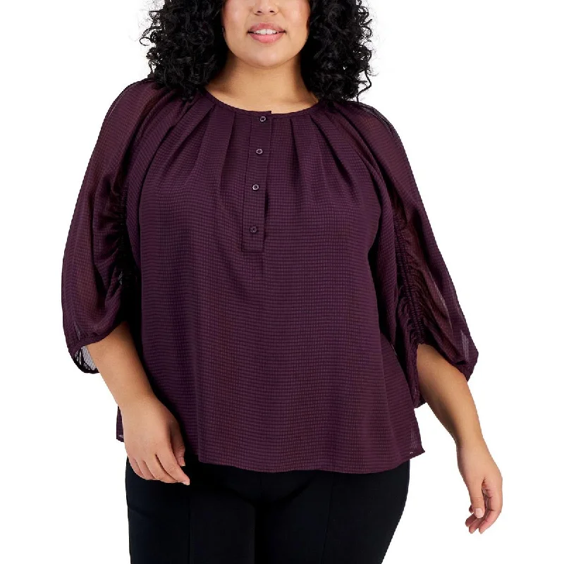 Plus Womens Crewneck Pleated Blouse Classic Striped Blouse