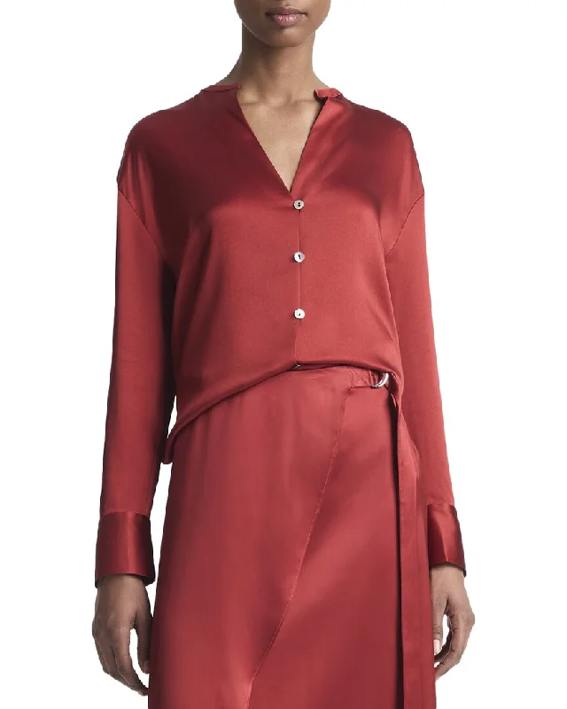 Vince Band Collar Silk Blouse Bell Sleeve Blouse