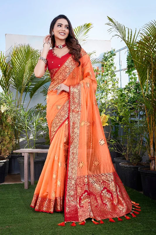 NOZ2TOZ Women Party Wear Pure Zari Silk Saree with Unstitched Blouse - Peach Soft Satin Blouse NOZ2TOZ Women Party Wear Pure Zari Silk Saree with Unstitched Blouse - Peach Soft Satin Blouse