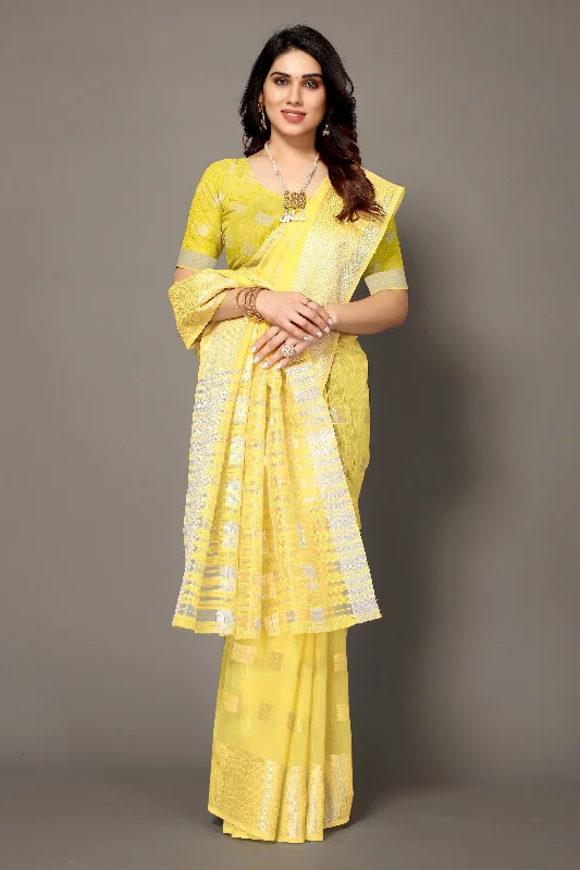 NOZ2TOZ Women Party Wear Banarasi Silk Saree with Unstitched Blouse - Yellow Soft Knit Blouse NOZ2TOZ Women Party Wear Banarasi Silk Saree with Unstitched Blouse - Yellow Soft Knit Blouse
