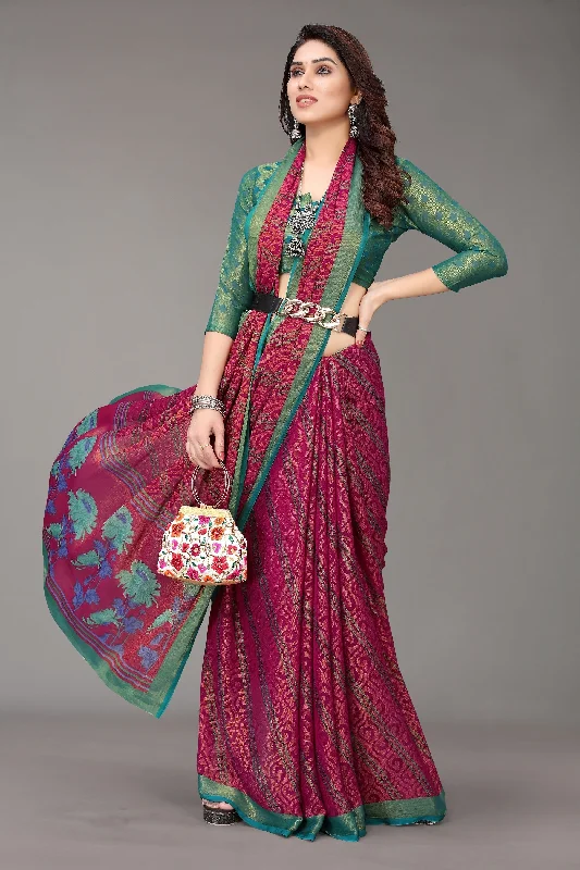 NOZ2TOZ Women Party Wear Printed Brasso Chiffon Saree with Unstitched Blouse - Magenta Peter Pan Blouse NOZ2TOZ Women Party Wear Printed Brasso Chiffon Saree with Unstitched Blouse - Magenta Peter Pan Blouse