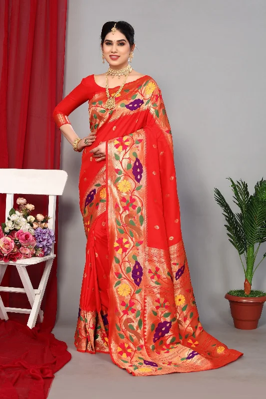 NOZ2TOZ Women Wedding Wear Zari Weaving Paithani Silk Saree with Unstitched Blouse - Red Oversized Silk Blouse NOZ2TOZ Women Wedding Wear Zari Weaving Paithani Silk Saree with Unstitched Blouse - Red Oversized Silk Blouse