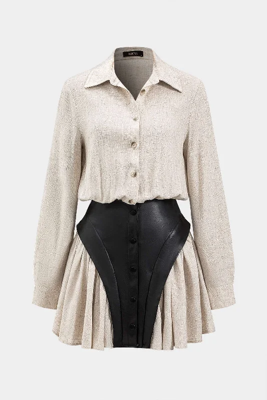 Faux Leather Linen Tie Front Button Patchwork Long Sleeve Mini Dress Cozy Ruched Mini Dress Faux Leather Linen Tie Front Button Patchwork Long Sleeve Mini Dress Cozy Ruched Mini Dress
