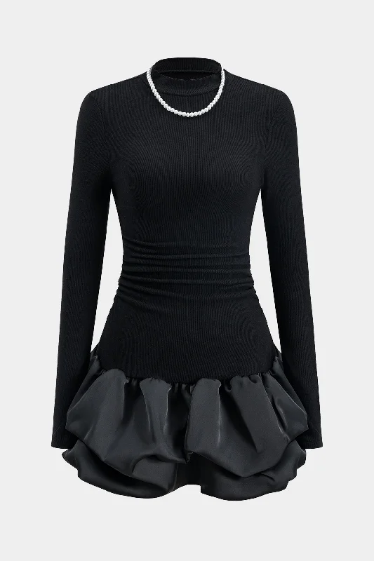 Bead Chain Ruched Puff Hem Long Sleeve Mini Dress Fashionable Off-Shoulder Mini Dress