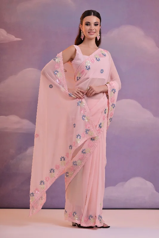 NOZ2TOZ Women Party Wear Sequence Embroidery Worked Georgette Saree with Unstitched Blouse - Pink Collared Satin Blouse NOZ2TOZ Women Party Wear Sequence Embroidery Worked Georgette Saree with Unstitched Blouse - Pink Collared Satin Blouse