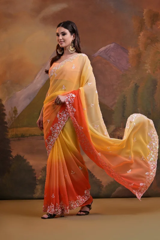 NOZ2TOZ Women Party Wear Sequence Embroidery Worked Georgette Saree with Unstitched Blouse - Yellow Sheer Sleeve Blouse NOZ2TOZ Women Party Wear Sequence Embroidery Worked Georgette Saree with Unstitched Blouse - Yellow Sheer Sleeve Blouse