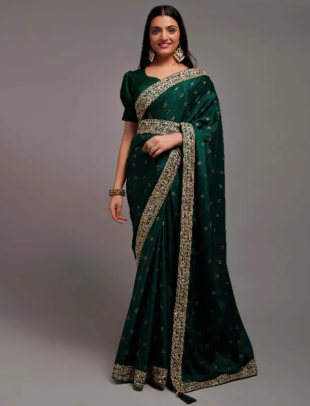 NOZ2TOZ Women Party Wear Premium Chinon Silk Saree with Unstitched Blouse - Green Chic Off-Shoulder Blouse