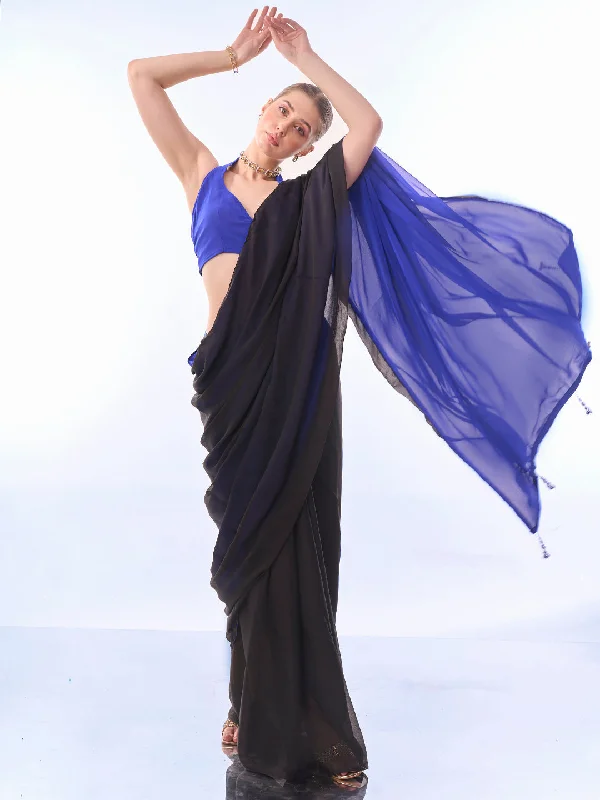 NOZ2TOZ Women Party Wear Printed Georgette Saree with Unstitched Blouse - Black & Blue Floral Print Blouse NOZ2TOZ Women Party Wear Printed Georgette Saree with Unstitched Blouse - Black & Blue Floral Print Blouse