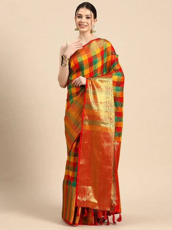 Multicolor Kanjeevaram Silk ColorBlock Checked Saree with Unstitched Blouse - Hiral Fashion Double-Layered Blouse