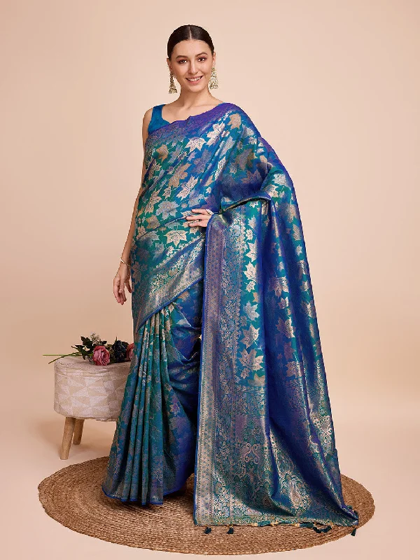 NOZ2TOZ Women Party Wear Double Zari Weaving Pure Silk Saree with Unstitched Blouse - Petrol Green Office Formal Blouse NOZ2TOZ Women Party Wear Double Zari Weaving Pure Silk Saree with Unstitched Blouse - Petrol Green Office Formal Blouse