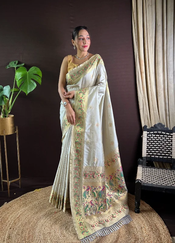 NOZ2TOZ Women Party Wear Zari Weaving Paithani Silk Saree with Unstitched Blouse - White Elegant Silk Blouse NOZ2TOZ Women Party Wear Zari Weaving Paithani Silk Saree with Unstitched Blouse - White Elegant Silk Blouse