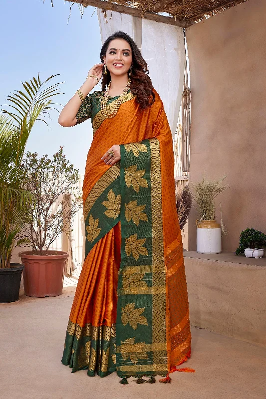 NOZ2TOZ Women Party Wear Aura Silk Saree with Unstitched Blouse - Orange Elegant Semi-Sheer Blouse