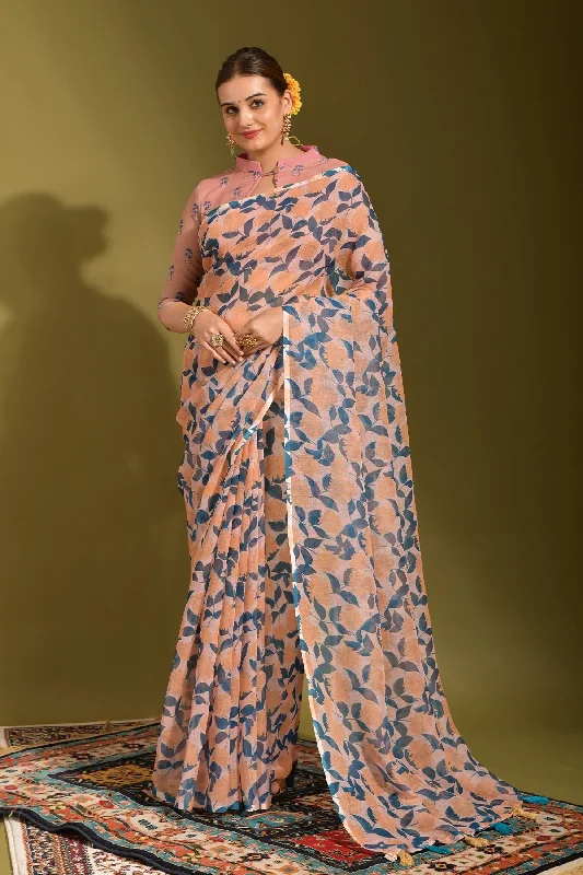 NOZ2TOZ Women Party Wear Printed Linen Saree with Unstitched Blouse - Multicolour Chic Wrap Blouse NOZ2TOZ Women Party Wear Printed Linen Saree with Unstitched Blouse - Multicolour Chic Wrap Blouse