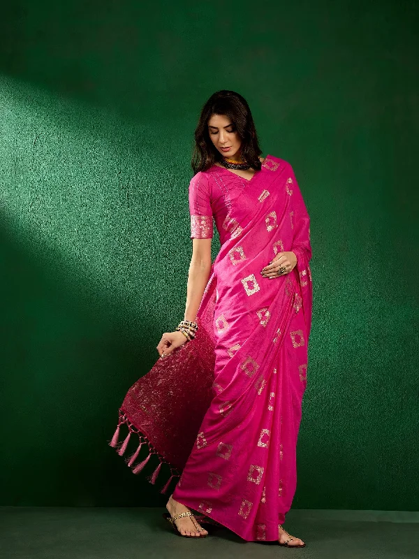 NOZ2TOZ Women Party Wear Cotton Saree with Unstitched Blouse - Pink Embellished Collar Blouse NOZ2TOZ Women Party Wear Cotton Saree with Unstitched Blouse - Pink Embellished Collar Blouse