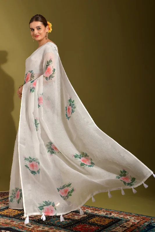 NOZ2TOZ Women Party Wear Printed Linen Saree with Unstitched Blouse - Off White Feminine Tie Blouse NOZ2TOZ Women Party Wear Printed Linen Saree with Unstitched Blouse - Off White Feminine Tie Blouse