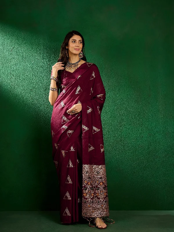 NOZ2TOZ Women Party Wear Dola Cotton Saree with Unstitched Blouse - Wine Balloon Sleeve Blouse NOZ2TOZ Women Party Wear Dola Cotton Saree with Unstitched Blouse - Wine Balloon Sleeve Blouse