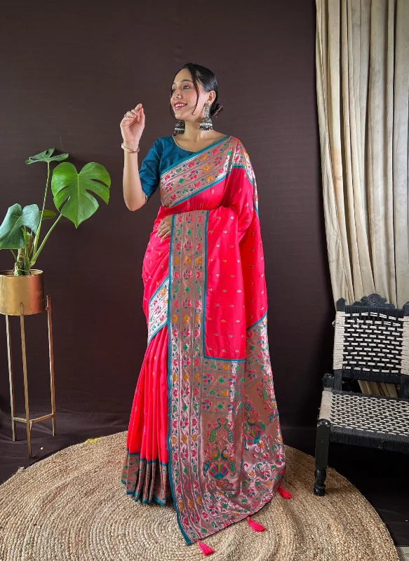 NOZ2TOZ Women Party Wear Zari Weaving Paithani Silk Saree with Unstitched Blouse - Pink Romantic Lace Blouse NOZ2TOZ Women Party Wear Zari Weaving Paithani Silk Saree with Unstitched Blouse - Pink Romantic Lace Blouse