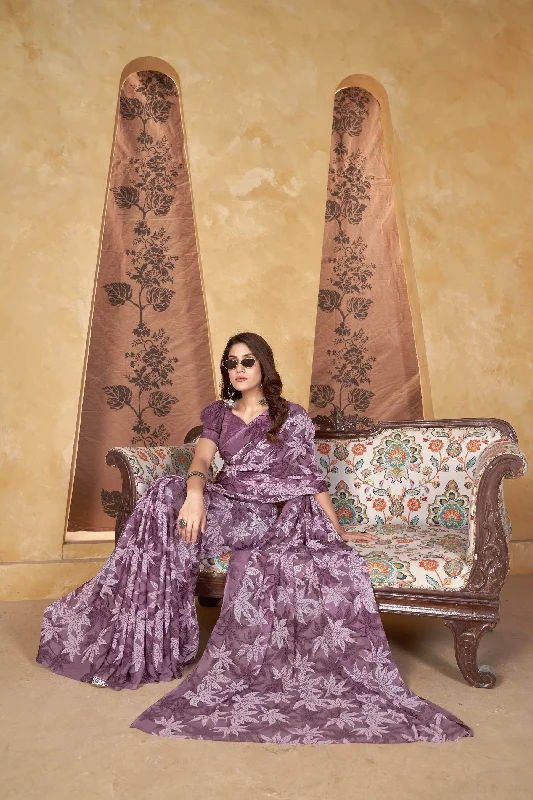 NOZ2TOZ Women Casual Wear Printed Weight Less Saree with Unstitched Blouse - Violet Soft Satin Blouse NOZ2TOZ Women Casual Wear Printed Weight Less Saree with Unstitched Blouse - Violet Soft Satin Blouse