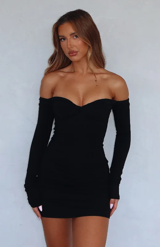 Running Out Of Time Off Shoulder Long Sleeve Mini Dress Black Elegant Silk Mini Dress