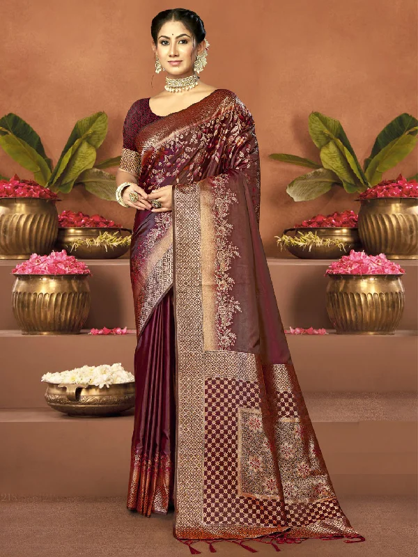 Women Maroon Satin Silk Saree With Un Stitched Blouse - Aanika Everyday Stylish Blouse