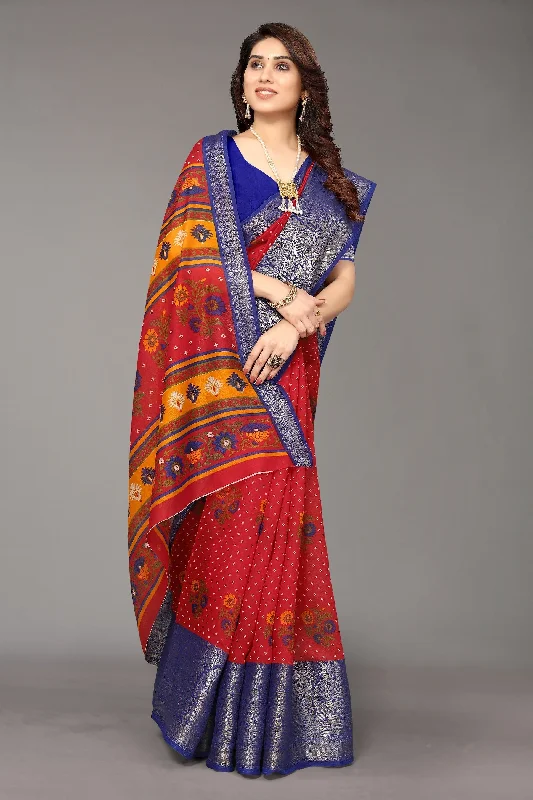 NOZ2TOZ Women Party Wear Bandhani Style Banarasi Silk Saree with Unstitched Blouse - Red Sweetheart Neck Blouse NOZ2TOZ Women Party Wear Bandhani Style Banarasi Silk Saree with Unstitched Blouse - Red Sweetheart Neck Blouse