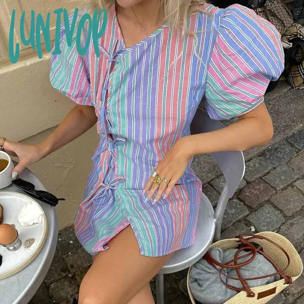 Lunivop Fashion Bow Lace Up Rainbow Stripe Dress For Women Puff Sleeve Mini Dress Slim High Waist Clubs Party Clothes Versatile Cozy T-Shirt Mini Dress Lunivop Fashion Bow Lace Up Rainbow Stripe Dress For Women Puff Sleeve Mini Dress Slim High Waist Clubs Party Clothes Versatile Cozy T-Shirt Mini Dress