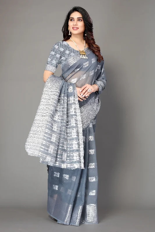 NOZ2TOZ Women Party Wear Banarasi Silk Saree with Unstitched Blouse - Grey Side Tie Blouse NOZ2TOZ Women Party Wear Banarasi Silk Saree with Unstitched Blouse - Grey Side Tie Blouse