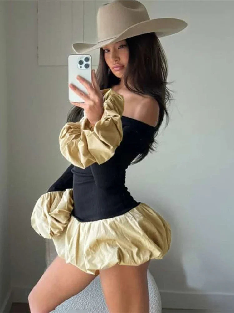 Lunivop Contrast Color Slim Ball Gown Dress Female Long Sleeve Patchwork Elegant Mini Dress Sexy Hot Girl Party Club Clothing New Elegant Mini Dress with Pleats