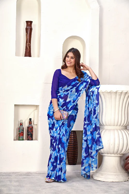 NOZ2TOZ Women Casual Wear Printed Weight Less Saree with Unstitched Blouse - Blue Frilled Cuff Blouse NOZ2TOZ Women Casual Wear Printed Weight Less Saree with Unstitched Blouse - Blue Frilled Cuff Blouse