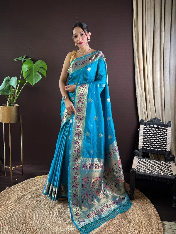 NOZ2TOZ Women Party Wear Zari Weaving Paithani Silk Saree with Unstitched Blouse - Rama Lightweight Chiffon Blouse