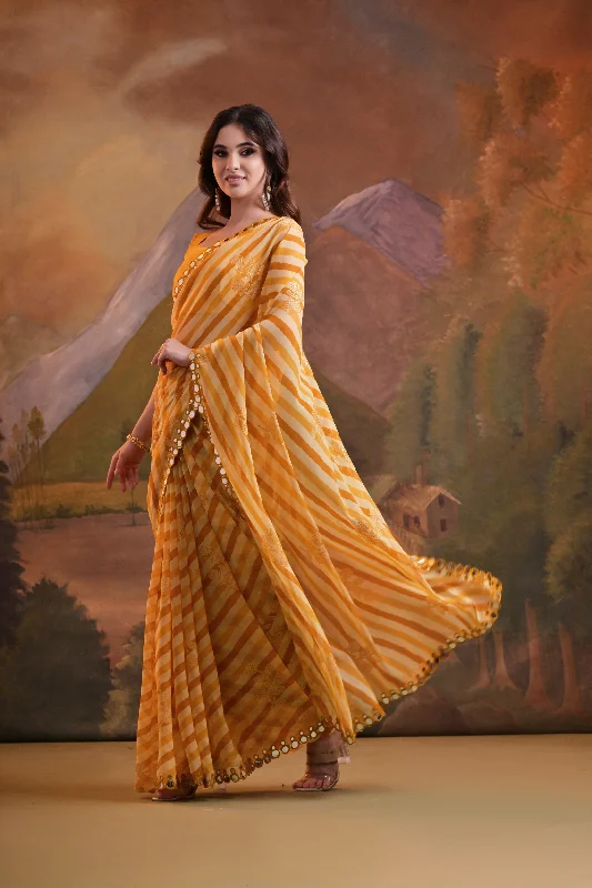 NOZ2TOZ Women Party Wear Leheriya Print Georgette Saree with Unstitched Blouse - Yellow Loose Oversized Blouse NOZ2TOZ Women Party Wear Leheriya Print Georgette Saree with Unstitched Blouse - Yellow Loose Oversized Blouse