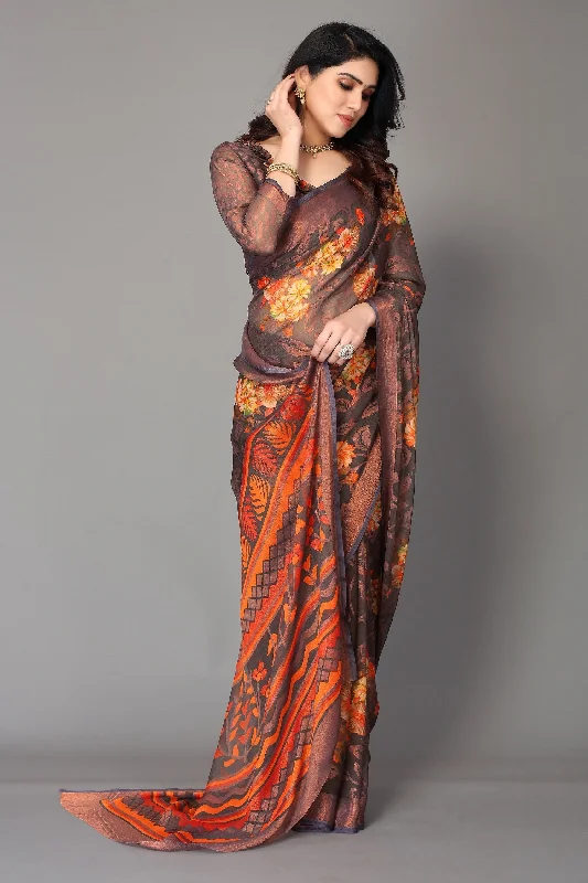 NOZ2TOZ Women Party Wear Printed Brasso Chiffon Saree with Unstitched Blouse - Grey Bell Sleeve Blouse NOZ2TOZ Women Party Wear Printed Brasso Chiffon Saree with Unstitched Blouse - Grey Bell Sleeve Blouse