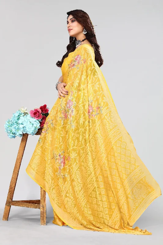 NOZ2TOZ Women Party Wear Printed Brasso Chiffon Saree with Unstitched Blouse - Yellow Chic Off-Shoulder Blouse