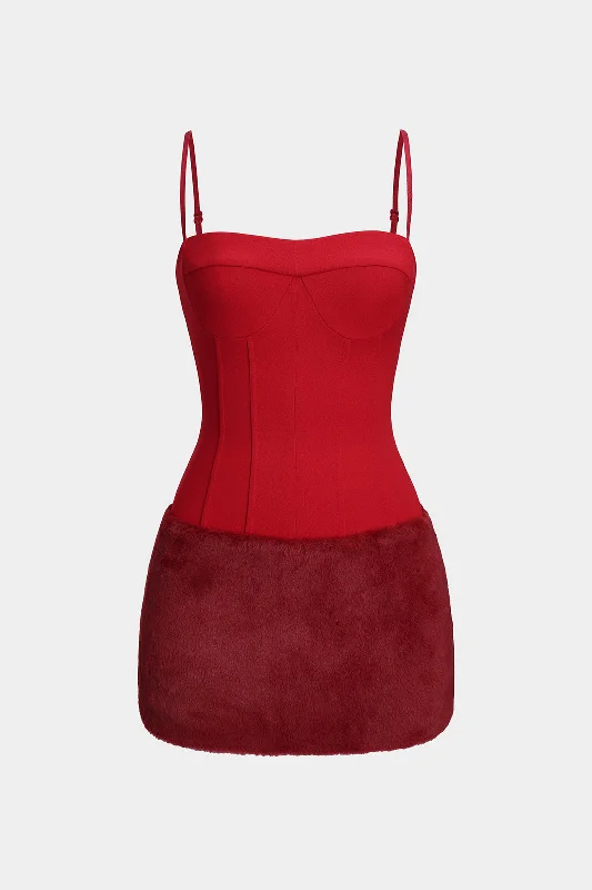 Faux Fur Patchwork Bustier Slip Mini Dress Stylish Summer Mini Dress