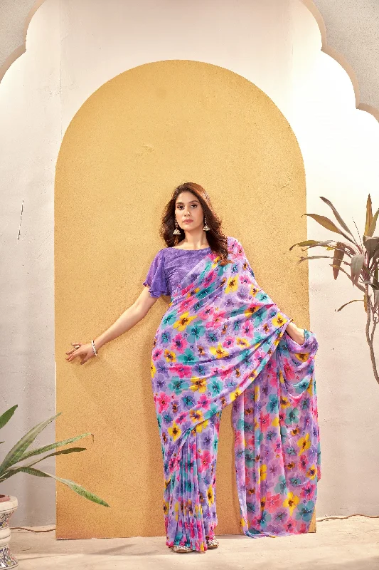 NOZ2TOZ Women Casual Wear Printed Weight Less Saree with Unstitched Blouse - Purple Feminine Puff Blouse NOZ2TOZ Women Casual Wear Printed Weight Less Saree with Unstitched Blouse - Purple Feminine Puff Blouse