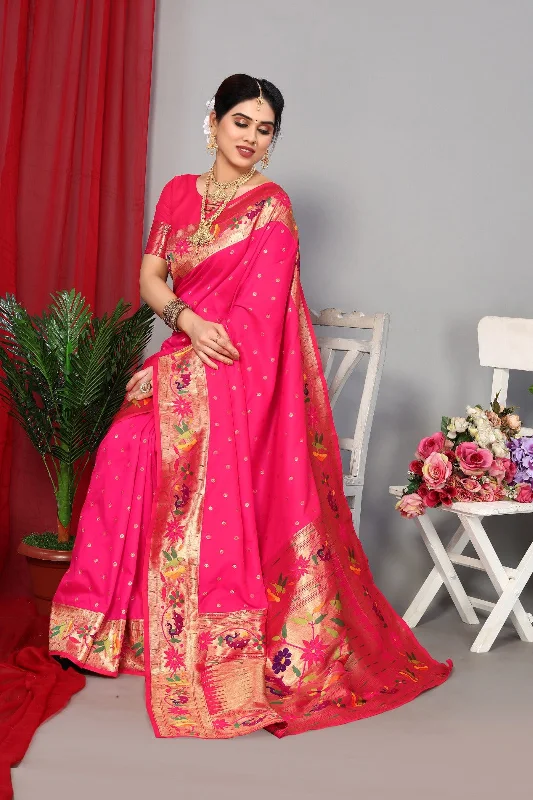 NOZ2TOZ Women Wedding Wear Zari Weaving Paithani Silk Saree with Unstitched Blouse - Pink Elegant Silk Blouse NOZ2TOZ Women Wedding Wear Zari Weaving Paithani Silk Saree with Unstitched Blouse - Pink Elegant Silk Blouse