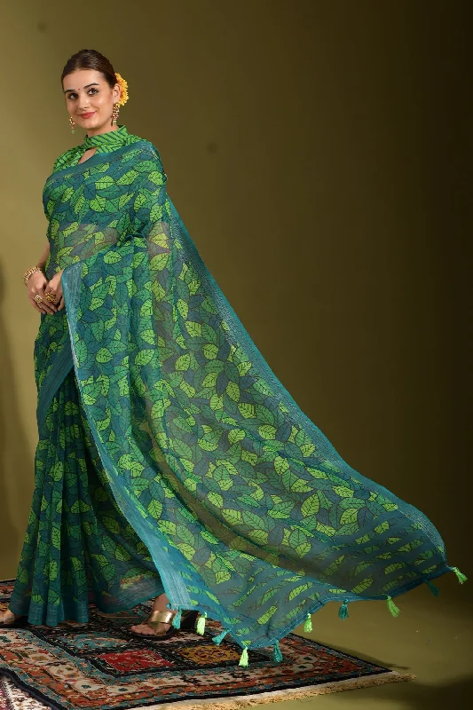 NOZ2TOZ Women Party Wear Printed Linen Saree with Unstitched Blouse - Green Everyday Stylish Blouse NOZ2TOZ Women Party Wear Printed Linen Saree with Unstitched Blouse - Green Everyday Stylish Blouse