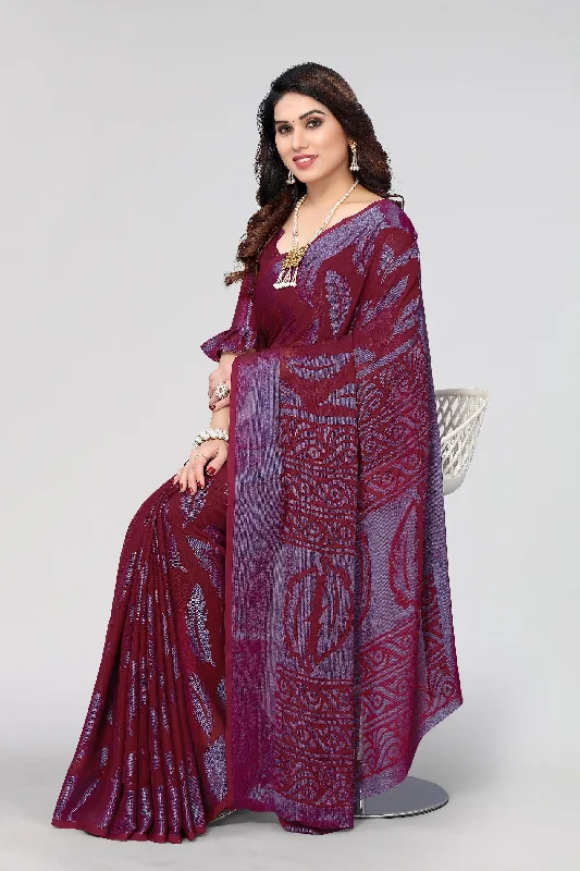 NOZ2TOZ Women Party Wear Printed Brasso Chiffon Saree with Unstitched Blouse - Magenta Elegant Peplum Blouse